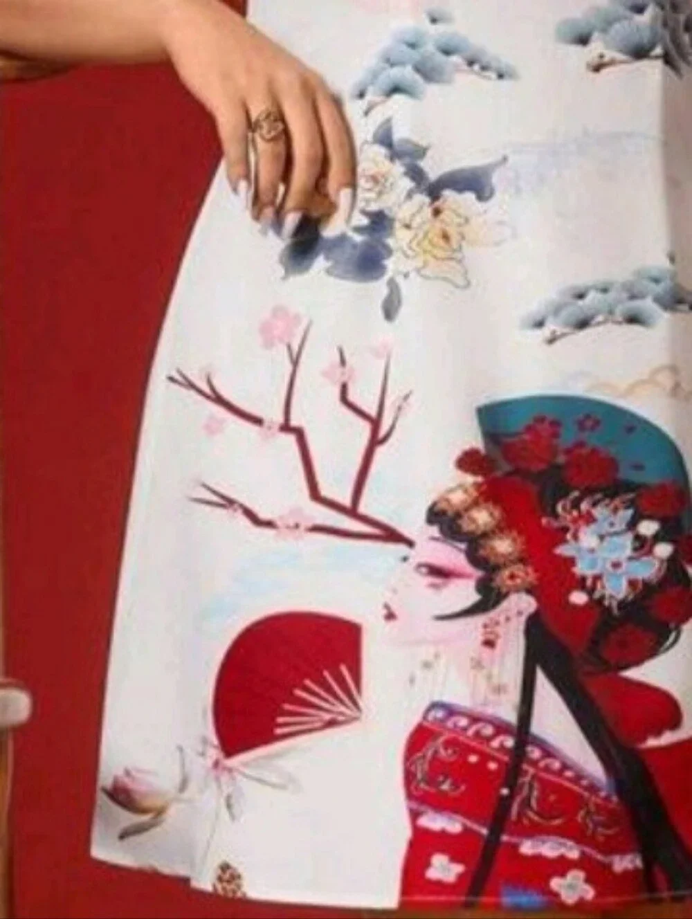 SHEIN Red and White Floral Landscape Cheongsam-Inspired Mini Dress - Picture 6 of 9